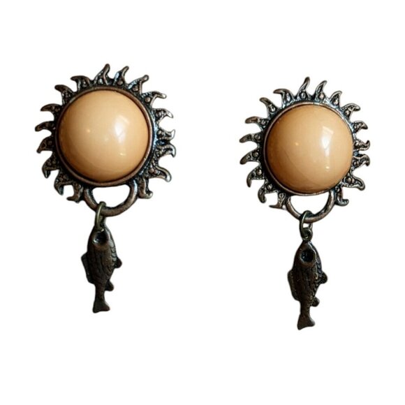 Vintage Starburst Fish Statement Earrings Circular Metal Pearl Dangle Costume - Picture 2 of 7